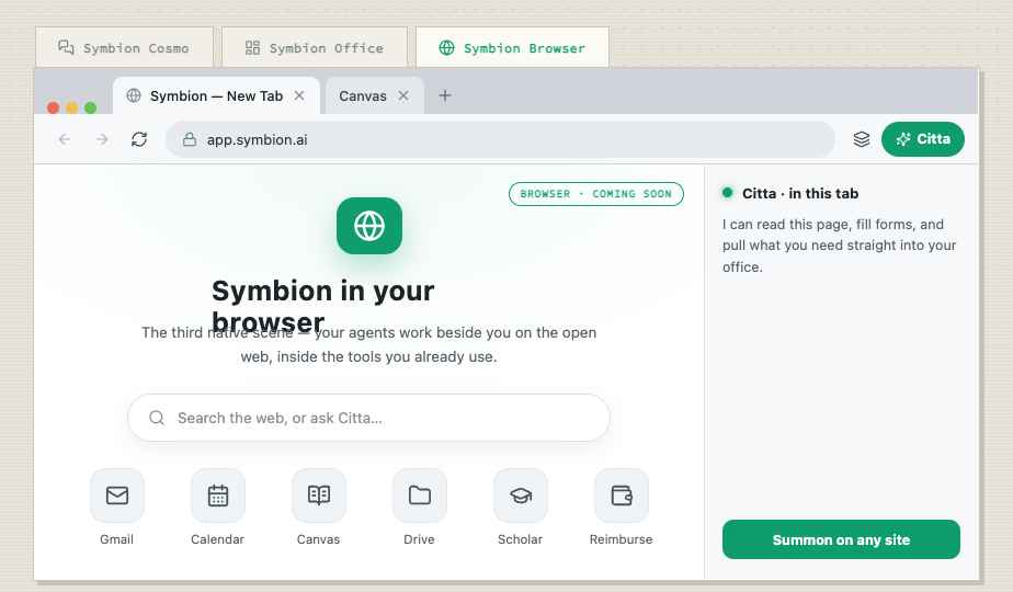 The Symbion Browser scene — a familiar new tab and address bar with Citta reading the page and working alongside you